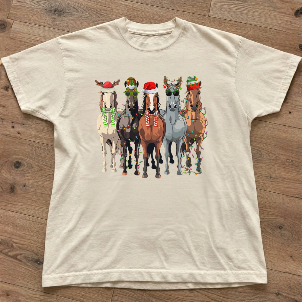 Horses Christmas Lights Santa Hats Reindeer Antlers Scarf Winter T-Shirt